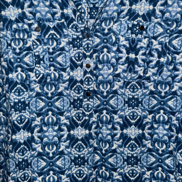 Cathy Petite Linen Button Down Top Blouse Blue Boho Print Women’s P Large - Picture 2 of 9